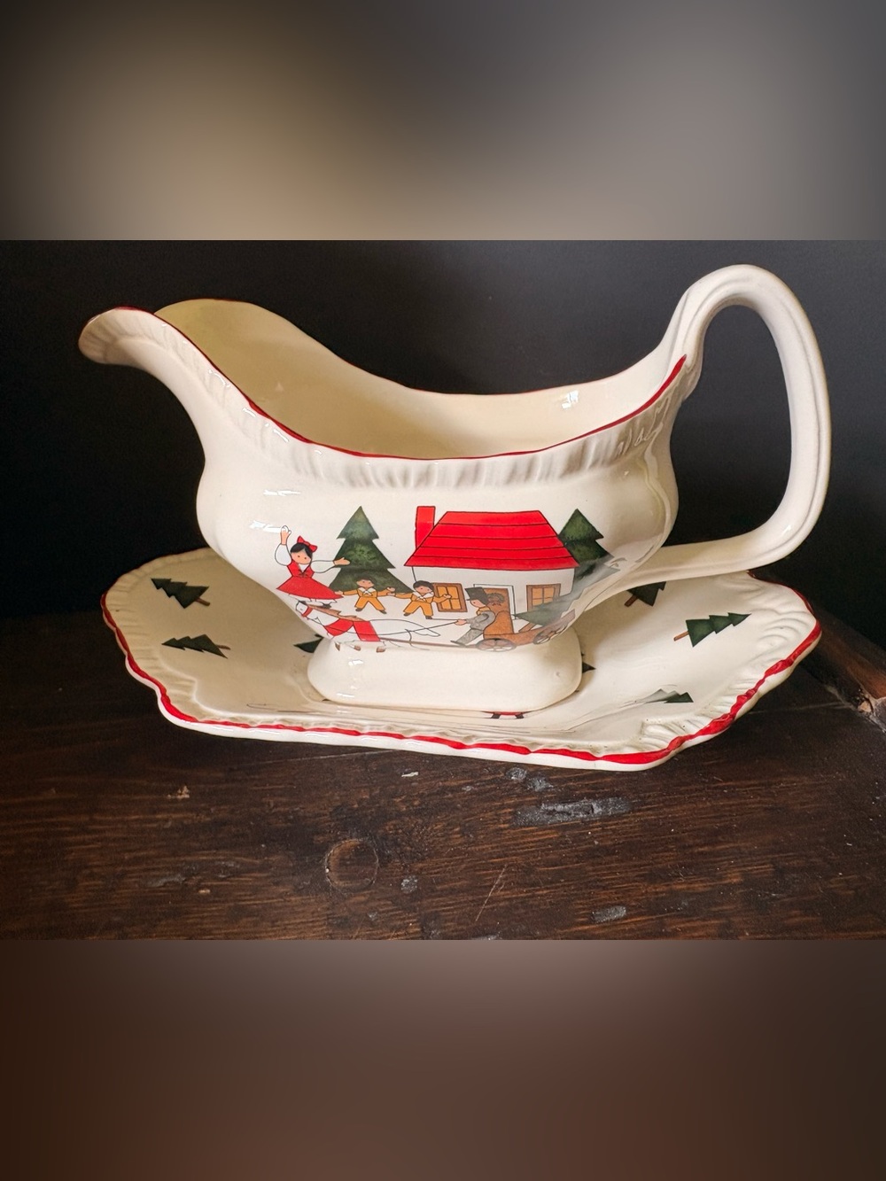 Mason Holiday Ceramic Gravy Boat and Saucer with Red, Green and Gold Accents